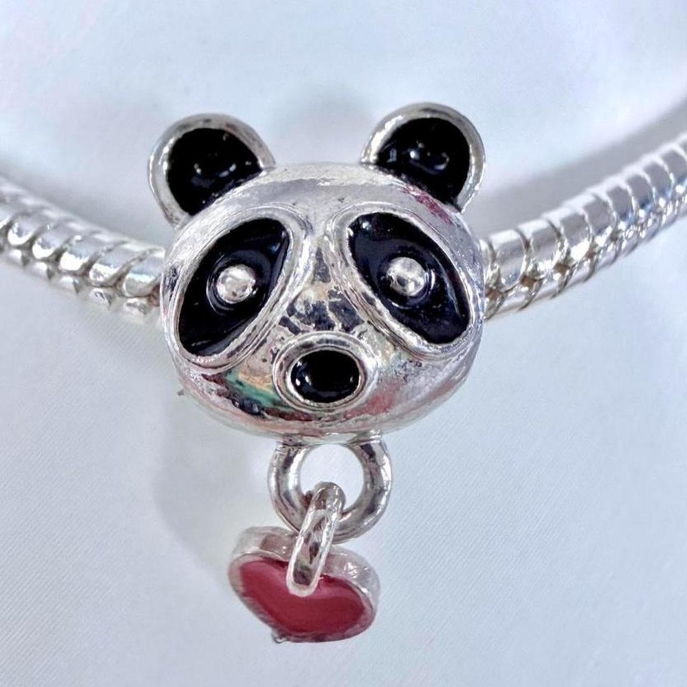Silver & Red Dangle Panda Charm Fits European‎ Snake Chain Bracelets